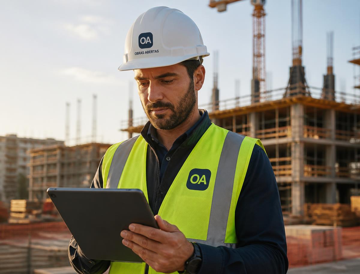 Engenheiro em canteiro de obras consultando obras disponíveis no tablet